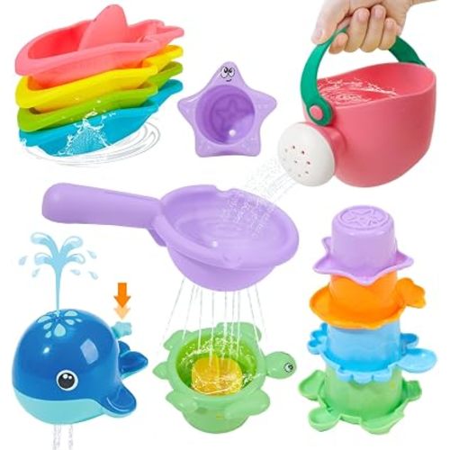 Mold Free Bath Toys, 11PCS | Safe Easy Clean & Fun Floating Boats & Spoon & Watering Can and Whale Bath Toy for Babies 12+ Months | Colorful Bathtub Pool Water Table Sand Toys for Babies and Toddlers