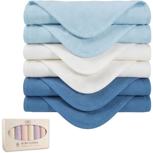 Baby Burp Cloths, 6-Pack 100% Cotton Muslin, Soft & Absorbent, Tapered Design for Extra Coverage, 22x10 Inch, CPC Certified, Gift-Ready (White, Blue, Light Blue)