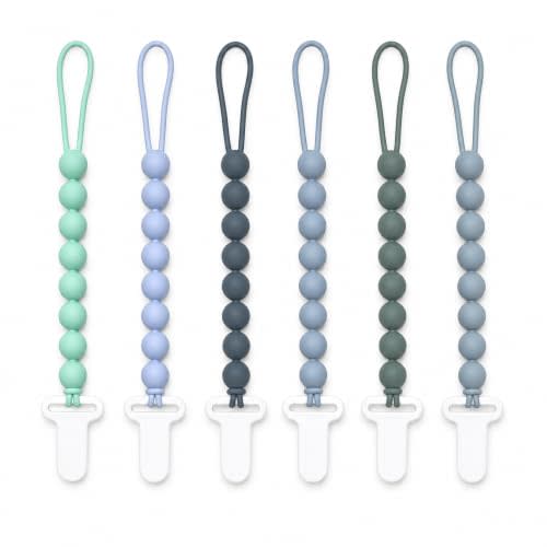 6 Pack Silicone Pacifier Clips for Boys and Girls, One-Piece Beads Pacifier Clip Set with Durable Plastic Clip, Modern Color Pacifier Holder for Baby Essentials