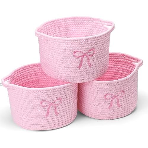 Vesici 3 Pcs Pink Bow Small Storage Baskets Coquette Bow Woven Cotton Rope