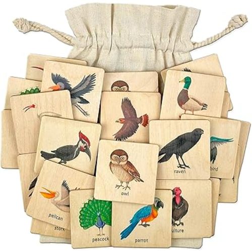 Montessori Wooden Birds Memory Game, 1 2 3 4 Year Old Montessori Materials, Wooden Flash Cards, Homeschool Gift, Bird Animals Matching Cards, Kids Learning Activity (5.5x5.5cm)