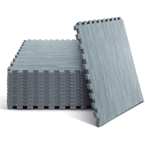 Yes4All 48SQ.FT Wood Grain Puzzle Exercise Mat Protective Flooring, EVA Interlocking Foam Floor Tiles with Border for Home