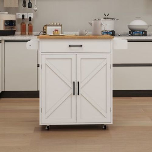 FAMYYT Rolling White Rubber Wood Top 38 in. Kitchen Island Cart with Adjustable Shelves and Towel Rack, 1 Drawer and 2 Doors
