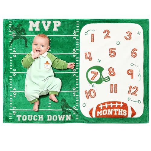 Football Baby Monthly Milestone Blanket Sports Month Blankets | Growth Chart Nursery Swaddling Blankets Gift Ideas for Newborn Baby Shower Photography Background Prop Soft Fleece Plush