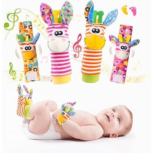 Koty Baby Wrist Rattles Foot Finder Toys Set, Toddler Rattle Sock, Arm Hand Bracelet, Feet Leg Ankle Socks, Gift for Newborn Infant Babies Boy Girl Bebe(Macaron Donkey)