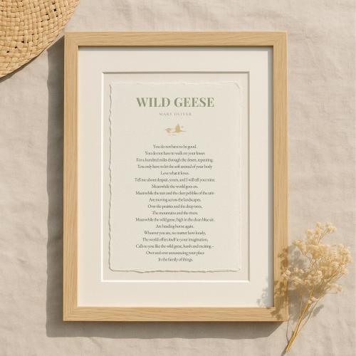 Wild Geese by Mary Oliver, Poem Print on Handmade Deckle-Edge Cotton Paper, Literary Wall Art, Inspirational Nature Quote, mindful poem gift