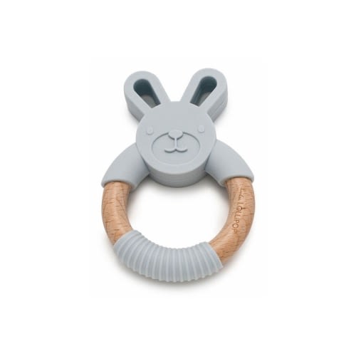Loulou Lollipop Bunny Silicone and Wood Teething Ring Light Grey
