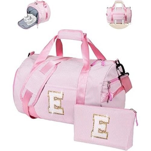 Gift for 8 Years Old Girl, Girls Travel Duffle Bag, Kids Overnight Bags with Shoe Compartment, Personalized Dance Bag with Makeup Pouch, Gifts for Teen Girls, Birthday Gift (Letter E)