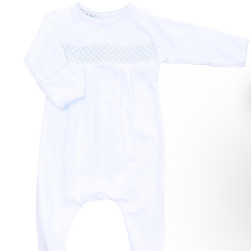 Magnolia Baby Boy Essentials Smocked White Footie with Blue Trim