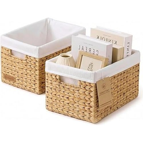 Water Hyacinth Wicker Baskets for Storage, Handwoven Rattan Shelf Basket for Organizing Pantry Closet Bedroom, 100% Natural Decorative Woven Organizer with Handles and Waterproof Canvas, 2 Pack