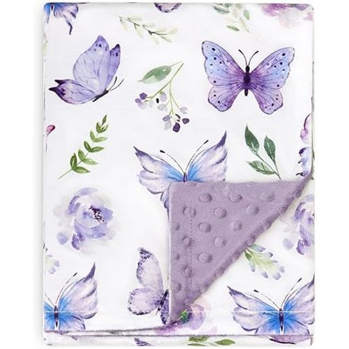 BORITAR Baby Blanket for Girls Soft Plush Minky Fabric, Double Layer Dotted Backing with Elegant Purple Butterfly Pattern Blanket Gift for Toddler Newborn Infant 30 x 40 Inch(75x100cm)