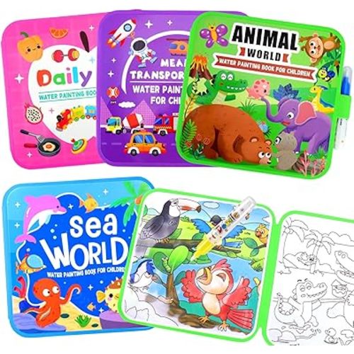 Vodolo Water Painting Book for Toddlers - 4 Pack Reusable Magic Water Coloring Book with 4 Water Pen, Mess Free Painting for Toddlers,No Mess Paint Coloring for Ages 3+ Travel Activity Toys