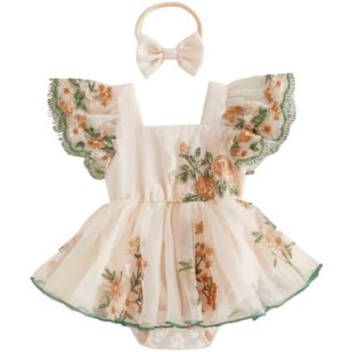 Douhoow Baby Girl Summer Romper Flying Sleeve Floral Embroidery Baby Dress Romper with Headband Infant Festival Clothes