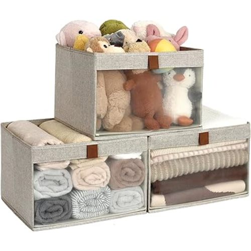 StorageWorks Closet Storage Bins with Clear Window and 2 Handles, Foldable Storage Baskets for Shelves, Extra Large Fabric Organizer, Brown and Beige, 3 Pack