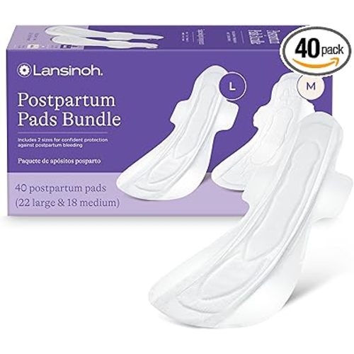 Lansinoh Postpartum Maxi Pads Bundle, 40 Count, Heavy Absorbency Overnight Pads with Wings, Includes 2 Sizes for Extra Protection, Postpartum Essentials
