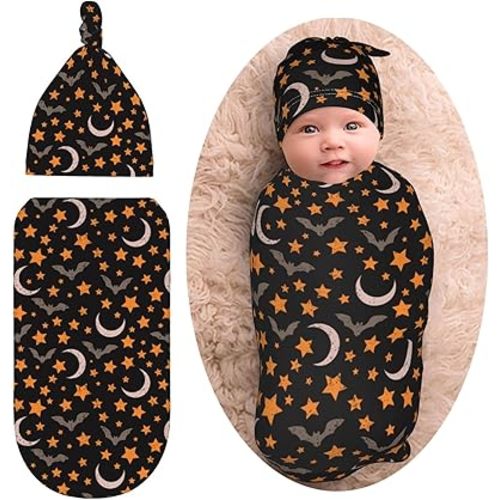 Goth Bat Star and Moon Baby Stuff Newborn Baby Swaddle Blanket Gothic Wrap Blanket Soft with Beanie Hat Sets Gifts for Infant Boys Girls