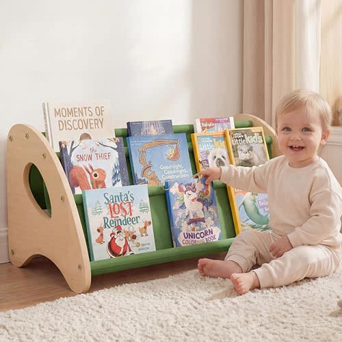 Kids Bookshelf - 4-Tier Montessori Book Shelf for Kids Rooms, Easy Installation, Eco-Friendly Wooden Storage Organizer 28.7” x 15.7” x 13.6”Natural/Green