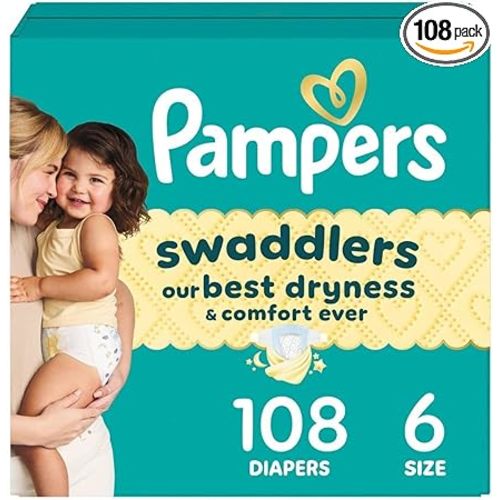 Pampers Swaddlers Diapers, Size 6 (23-44 lbs), 108 Count, Absorbent, Keeps Baby Dry and Comfortable, Skin Safe Disposable Baby Diaper (Packaging May Vary)