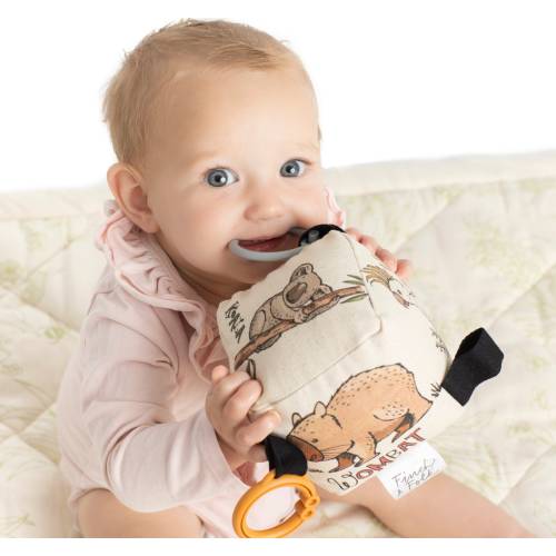 Organic Baby Gift Soft Block Rattle Toy - Watercolour Australian Animals - Handmade - Gender Neutral - Aussie - Unisex - Baby Shower Gift