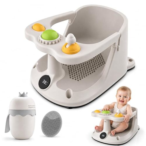 Baby Bath Seat for Babies Sitting Up, Baby Bath Chair with Temperature Sensor & Toys, Infant Bath Seat for Babies 6 Months & Up, Baby Bathtub Seat with Rinse Cup & Soft Silicone Bath Brush