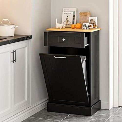 GAZHOME 10 Gallon Tilt Out Trash Cabinet, Upgrade Wooden Free Standing Trash Cabinet,Recycling Cabinet with Hideaway Drawer(Black)