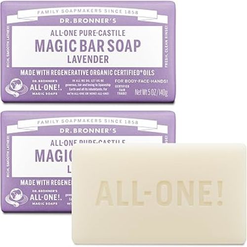 Dr. Bronner's Pure-Castile Magic Bar Soap - Made with Regenerative Organic Certified Oils - For Face, Body, Hair- Gentle on Sensitive Skin - Vegan Soap Bars for Men & Women - Lavender, 2 Pack, 5oz