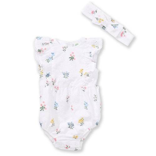 Little Me Baby Girls Cotton Ruffle Flutter Sleeve Floral Print Eyelet Embroidered Bodysuit & Headband Set