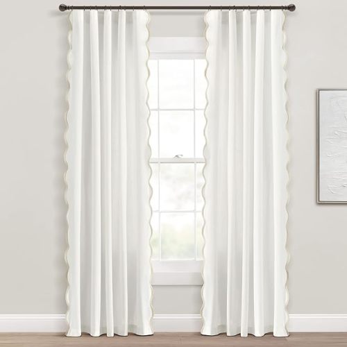 Lush Decor Coastal Chic Scalloped Edge Light Filtering Window Curtain Panels Pair, 52" W x 84" L, Neutral & White - White Curtains for Living Room - Coastal Decor