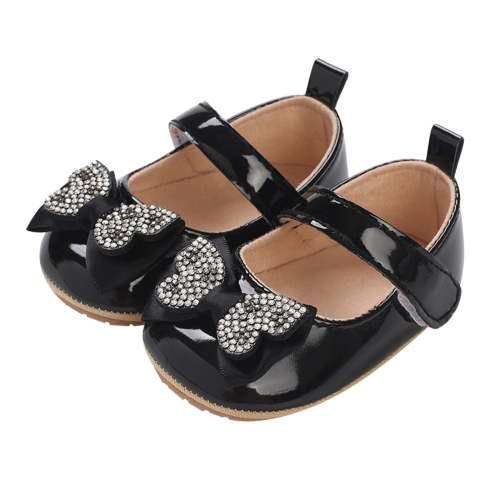 XIMIN Infant Toddler Baby Girl Dress Shoes Mary Jane First Walking PU Leather Princess Wedding Rubber Sole Non-Slip Ballet with Bowknot Floral Flats Baptism Shoes (0-3 Months, Black)