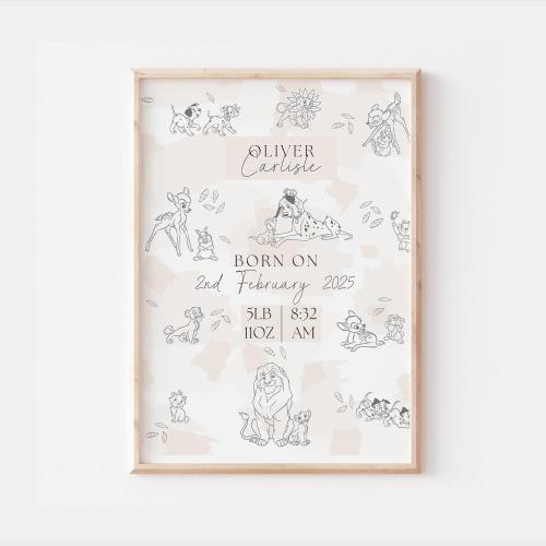 Disney Classics Birth Print, Personalised Kids Newborn Baby Disney Nursery Wall Art, Simba Bambi Decor