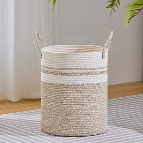 VIPOSCO Large Laundry Hamper, Tall Woven Rope Storage Basket for Blanket, Toys, Dirty Clothes in Living Room, Bathroom, Bedroom - 53L Brown & White