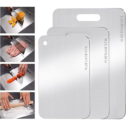 Stainless Steel Cutting Board, 3 PCS Cutting Boards for Kitchen, 304 Stainless Non Stick Chopping Cutting Board for Meat Fruit & Vegetable, Dishwasher Safe (15.3 x 11, 13.4 x 9, 11.8 x 7.9 in)
