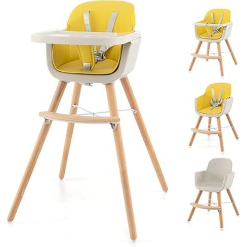 HONEY JOY Baby High Chair, 6-in-1 Eat & Grow Wooden Highchair/Toddler Chair with Removable Tray, 5-Point Harness, PU Cushion and Footrest, Convertible High Chair for Babies and Toddlers(Yellow)