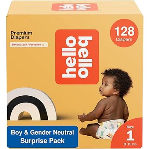 Hello Bello Premium Baby Diapers Size 1 I 128 Count of Disposable, Extra-Absorbent, Hypoallergenic, and Eco-Friendly Baby Diapers with Snug and Comfort Fit I Surprise Boy & Gender Neutral Patterns