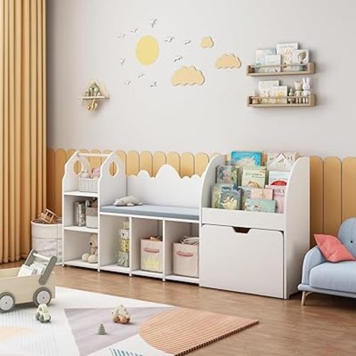 67" Kids Reading Nook with Bench, Children Toy Storage Organizer with Seat Cushion, 6 Storage Cubbies, Movable Drawers,Kid Bookshelf and Bookcase for Playroom, Bedroom, School, Ivory White