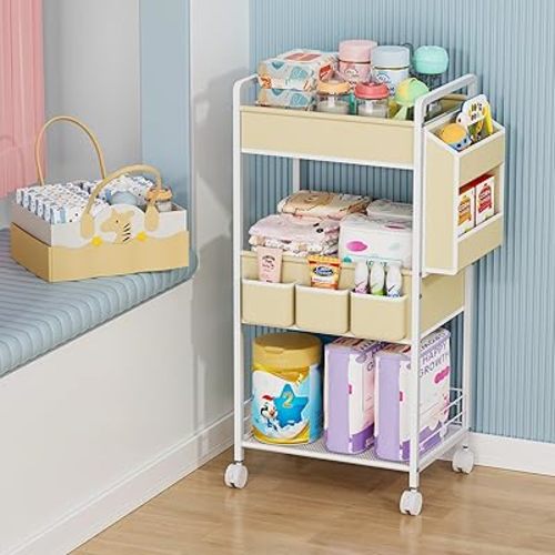 JBBTOOL 3-Tier Baby Diaper Caddy Cart with Wheels, Nursery Storage Organizer with Dividers & Pockets, Mobile Metal Utility Cart for Baby Essentials, Bedroom, Kitchen & Office