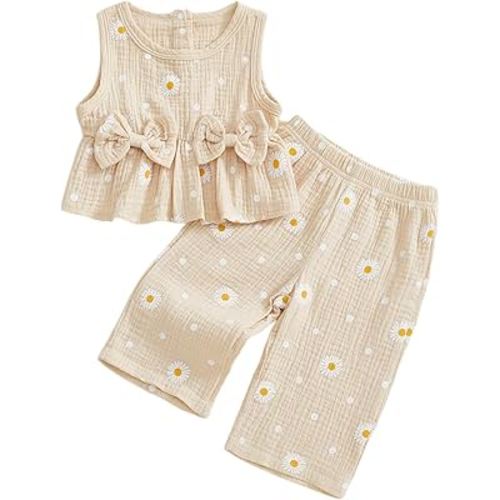 Kaipiclos Infant Baby Toddler Girl Clothes Daisy Linen Outfits Bows Shirts Long Pants 6 12 18 24 Months 3T 4T Girls Clothing