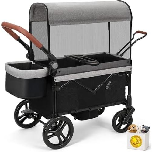 ELEMARA All-Terrain Stroller Wagon for 2 Kids, Foldable Kids Wagon Stroller Includes Removable Canopy,Mosquito net, Adjustable Push&Pull Handle,Snack Tray & Cup Holders, Storage Basket, Grey+Black