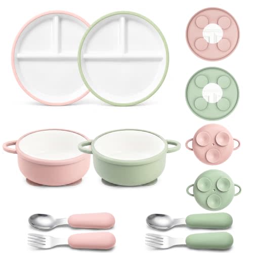 Daximo 8 Pcs Ceramic Baby Plates Set with Suction Sleeves, Spoons & Forks | 2 Porcelain Raised Divided Plates, 2 Toddler Bowls, 2 Spoons, 2 Forks / Anti Slip / BPA Free / Microwave & Dishwasher Safe