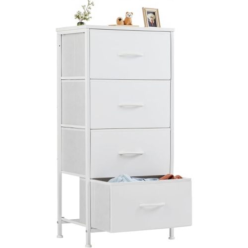 Sweetcrispy Nightstand Small Bedroom Dresser with 4 Fabric Drawers, Bed Side Furniture End Table, Wooden Top Cabinet Night Stand Dresser for Closet, Entryway, Dorm