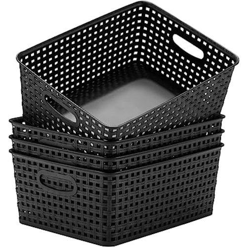 Plastic Storage Baskets for Organizing,11"X8.5"X4.7",Pack of 4 (Black)