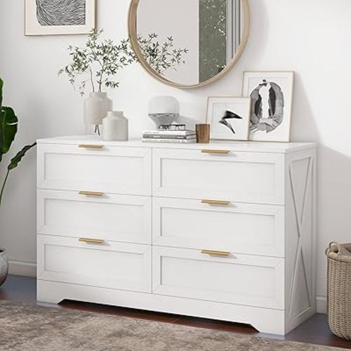 White 6 Drawer Dresser for Bedroom, Modern Dresser Chest of Drawer with Large Drawers & Rose Gold Handles, Wooden Dressers Drawer Storage Unit for Bedroom, Living Room, Closet