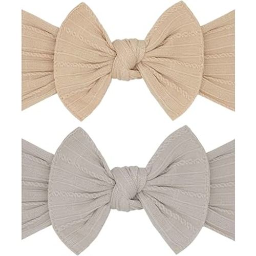 Baby Bling Bows - Newborn to Little Baby Girl Bows, 2 Pack Nylon Super Soft Stretchy Knot Toddler Headbands, Perfect Hair Accessories Head Bands for Infant Kids(Blush & Mushroom)