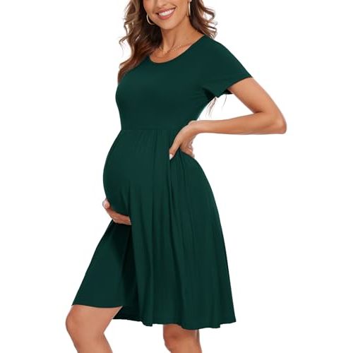 Women's Short Sleeve Maternity Dress Patchwork Pregnancy Clothes with Pockets