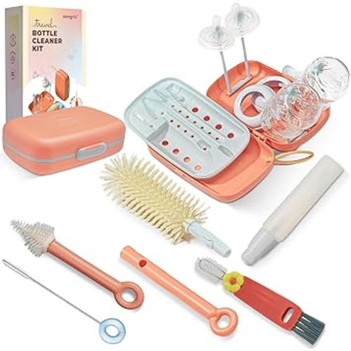 10-in-1 Baby Bottle Cleaner Brush Set – Travel-Friendly Kit with Silicone Bottle Cleaning Brush, Nipple & Straw Brushes, Soap Dispenser, Baby Bottle Drying Rack, Portable Bottle Cleaning Kit