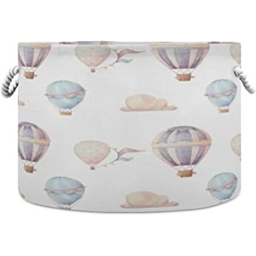 Cotton Rope Basket Watercolor Hot Air Balloon Baby Laundry Basket for Living Room, Laundry, Nursery, Pillows, Home Decor
