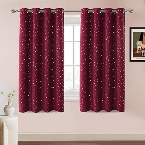 PrinceDeco Blackout Kids Curtains for Bedroom Thermal Insulated Silver Twinkle Star Curtains for Girls Antique Grommet Top Window Treatment 2 Panels Drapes for Nursery (52" W x 54" L, Burgundy/Silver)