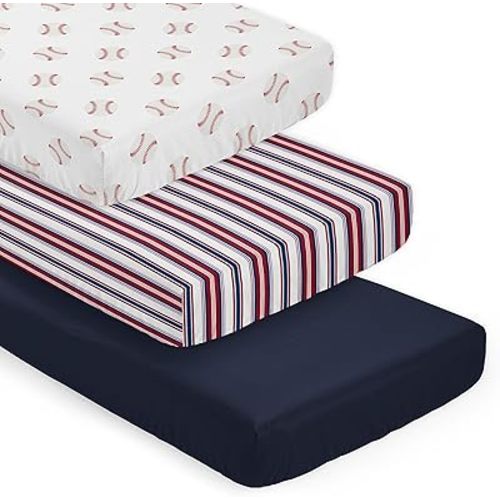 Sweet Jojo Designs 3-Piece Baby Crib Sheets Set (Baseball Sports) for Boys, Infant Nursery, Toddler Room - Fitted, Standard Size (Red, White and Blue Stripes, Solid Navy & Americana Sport Baseballs)