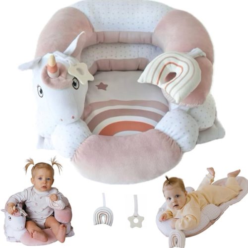 2-in-1 Tummy Time Mat and Seated Support with Two Toys – for Newborns and Babies – Includes Detachable Cushion for Supervised Play & Head/Neck Development (Blush)