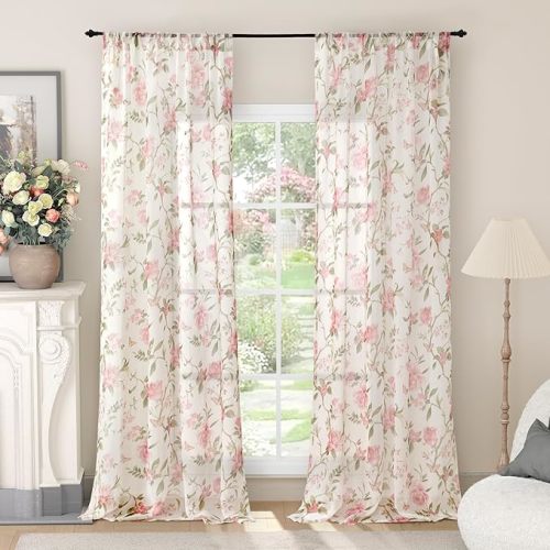 Floral Sheer Curtains for Girls Bedroom, Vintage Farmhouse Light Filtering Privacy Semi-Sheer Cute Linen Curtains for Kids Nursery 84 Inches Long 2 Panels, Rod Pocket, Pink, Each 52 Inch Wide